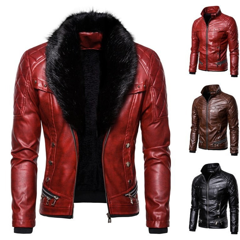 Herren Bikerjacke mit Kunstfellkragen und gesteppten Details