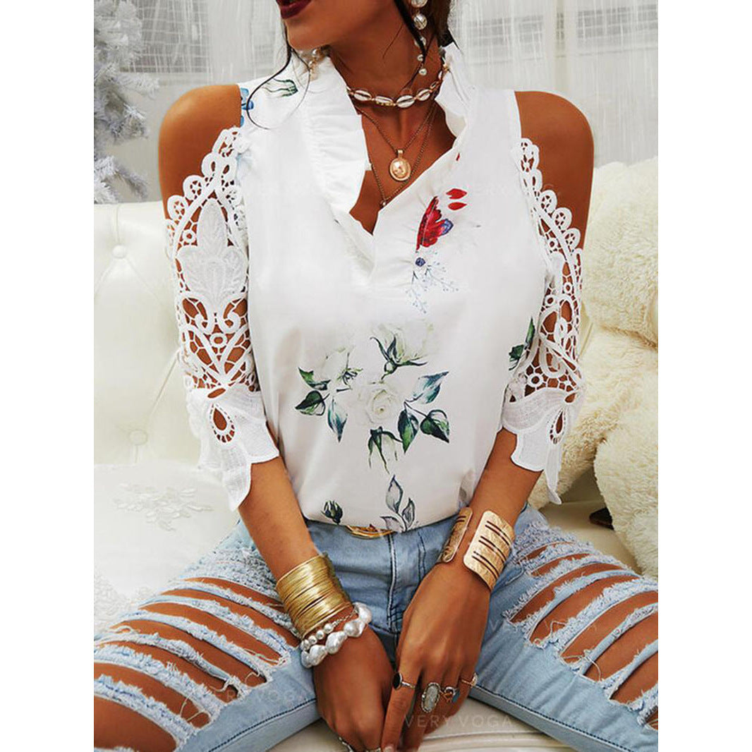 Damen Bluse mit Cut-Out-Ärmeln und floralem Design