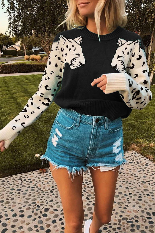 Damen Kuscheliger Pullover mit lebhaftem Tiermotiv und kontrastierenden Ärmeln R&B
