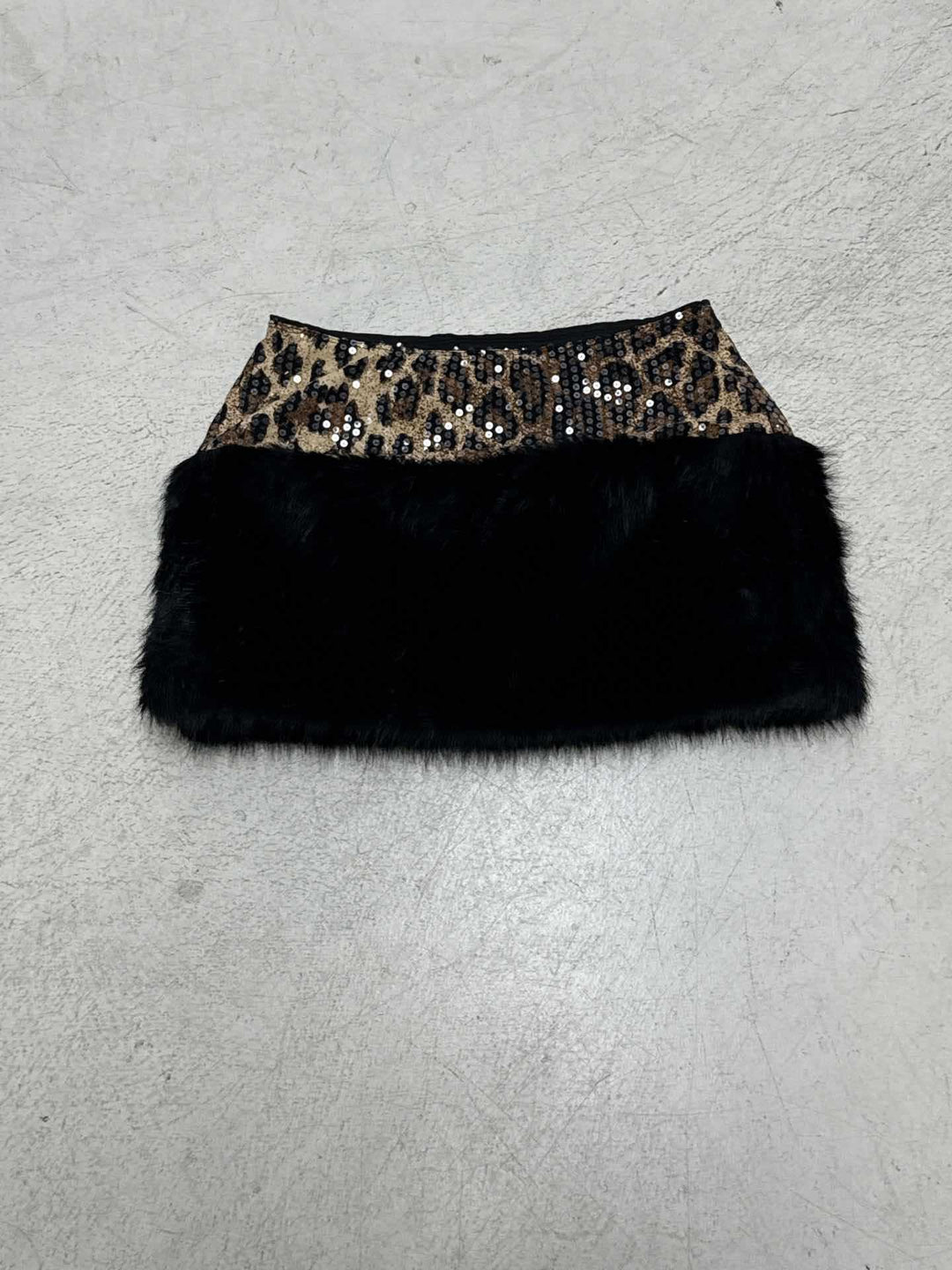 Damen glitzerndes Leopardenmuster Oberteil mit Kunstfellbesatz R&B