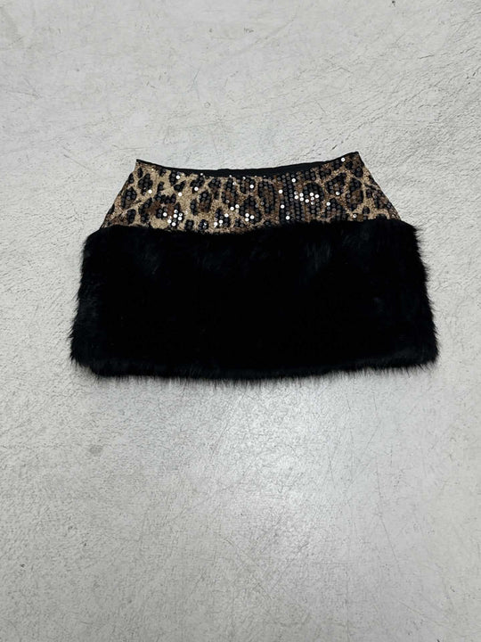 Damen glitzerndes Leopardenmuster Oberteil mit Kunstfellbesatz R&B