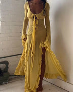 Damen Maxikleid mit eleganten Rüschendetails und tiefem V-Ausschnitt R&B