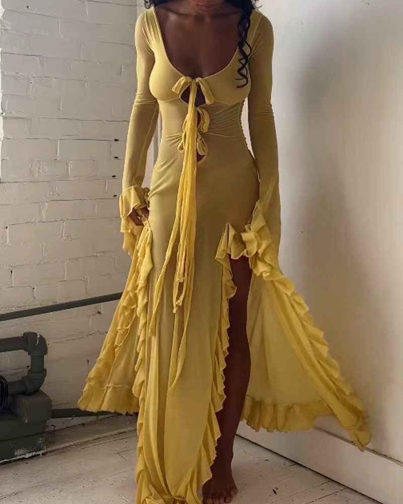 Damen Maxikleid mit eleganten Rüschendetails und tiefem V-Ausschnitt R&B