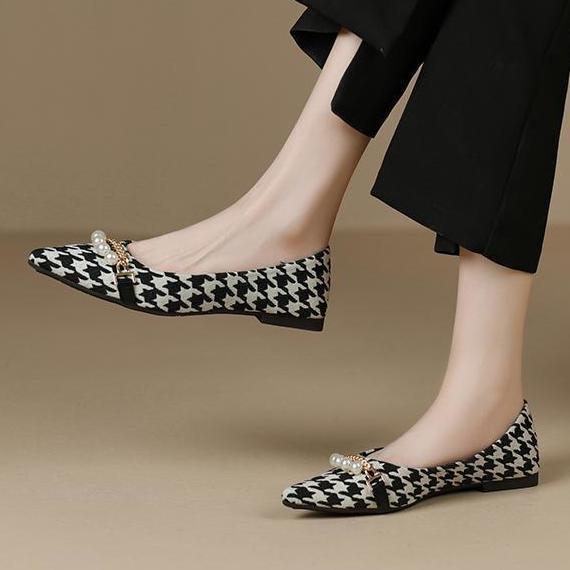 Damen elegante Ballerinas mit modischem Hahnentrittmuster und Perlenschmuck R&B