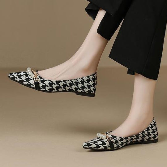 Damen elegante Ballerinas mit modischem Hahnentrittmuster und Perlenschmuck R&B