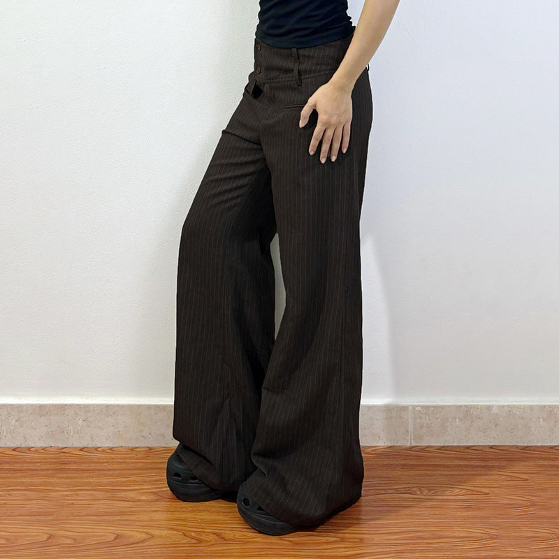 Damen Elegante weit geschnittene Streifenhose mit hoch sitzendem Bund und dekorativen Knopfdetails R&B