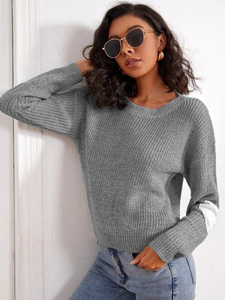 Damen Modischer Strickpullover mit kontrastierenden Ärmelakzenten R&B