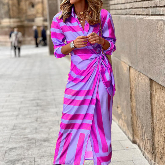 Damen Wickelkleid mit elegantem Streifenmuster und Raffung R&B