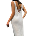 Damen Häkel-Strandkleid mit raffinierten Lochdetails und tiefem V-Ausschnitt R&B