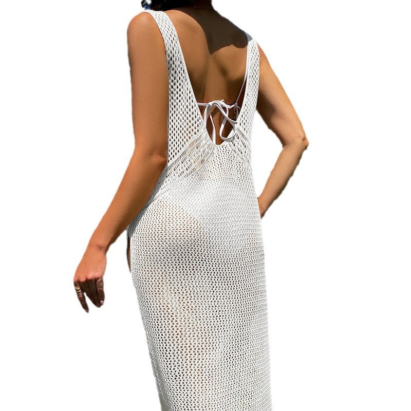 Damen Häkel-Strandkleid mit raffinierten Lochdetails und tiefem V-Ausschnitt R&B