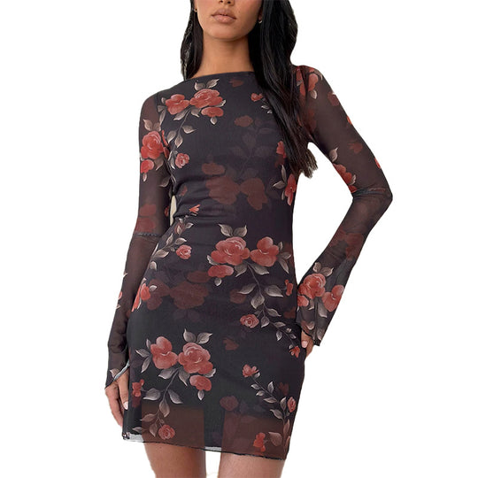 Damen lässiges Minikleid mit floralem Muster und transparenten Ärmeln R&B