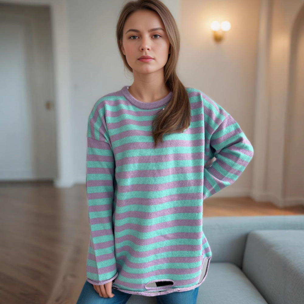 Damen lässiger Oversize-Pullover mit breiten Streifen R&B