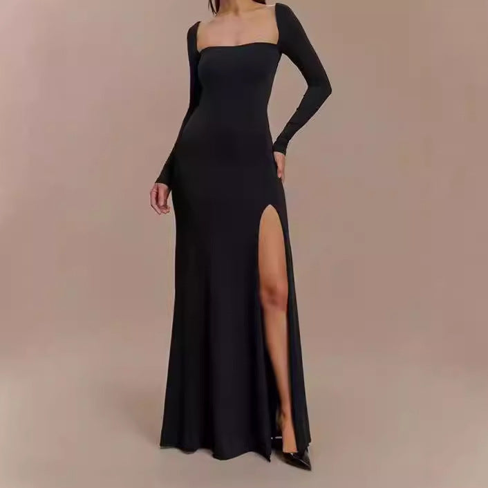 Damen Elegantes Maxikleid mit tiefem Schlitz und langen Ärmeltechnik R&B