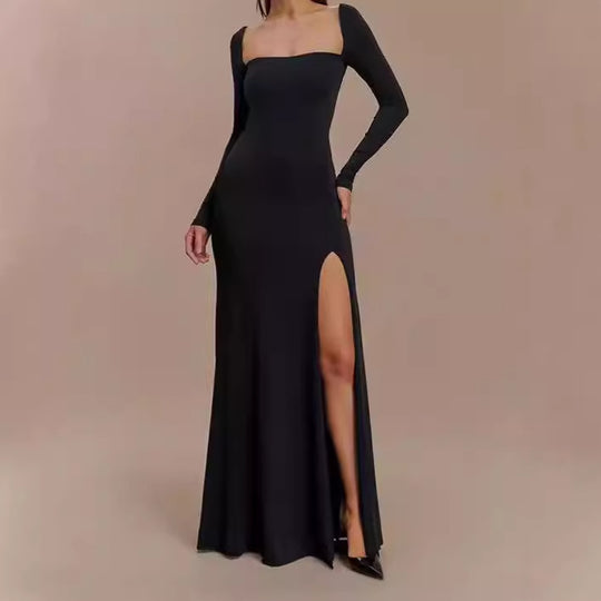 Damen Elegantes Maxikleid mit tiefem Schlitz und langen Ärmeltechnik R&B