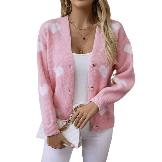 Damen modische Strickjacke mit Herzmotiven und Knöpfen R&B