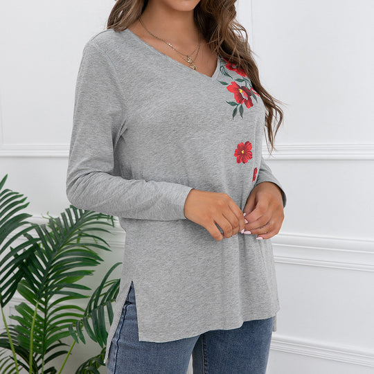 Damen Langarm-T-Shirt mit floralem Print und V-Ausschnitt R&B