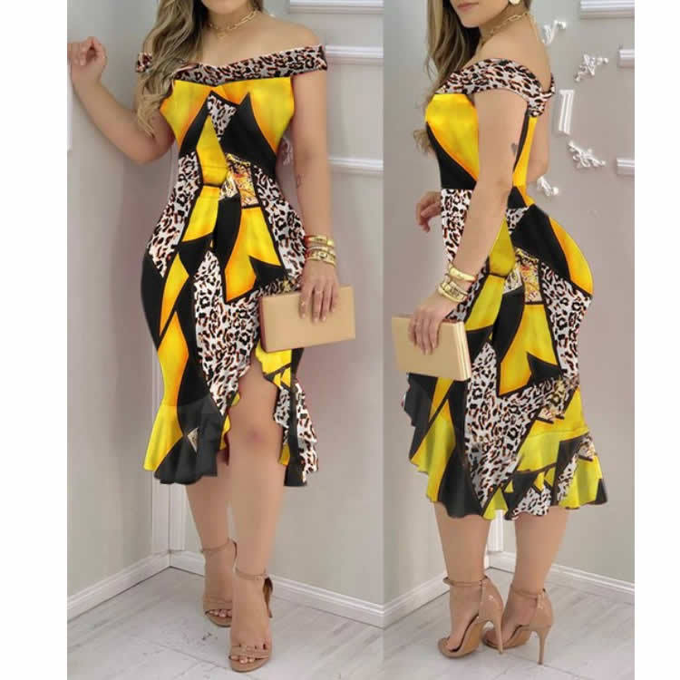 Damen Off-Shoulder Kleid im eleganten Leoprint mit volanter Saum R&B