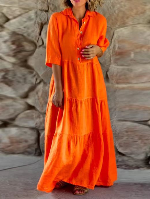 Damen nan sommerliches Leinenmix Stufenmaxikleid mit Hemdkragen, geraffter Taille und ellbogenlangen Ärmeln R&B