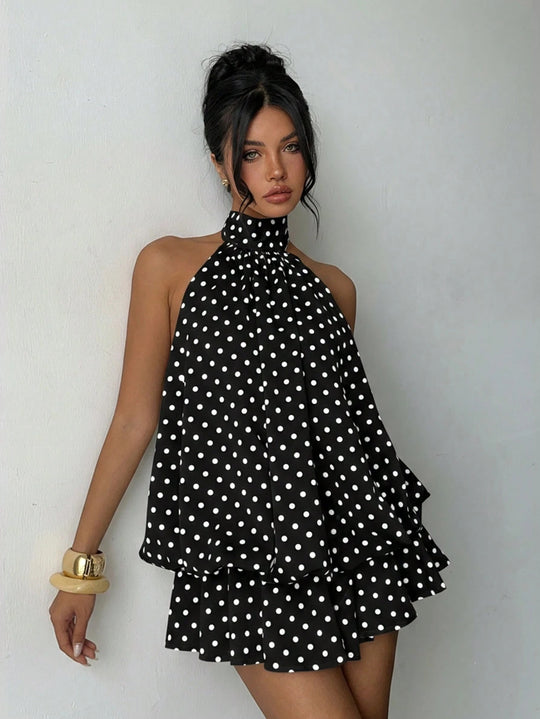 Damen modisches Polka-Dots Set mit hohem Kragen und voluminösen Ärmeln R&B