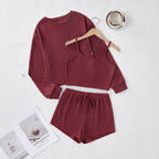Damen Bequemes Zweiteiliges Waffel-Set mit Langarmoberteil und Shorts R&B