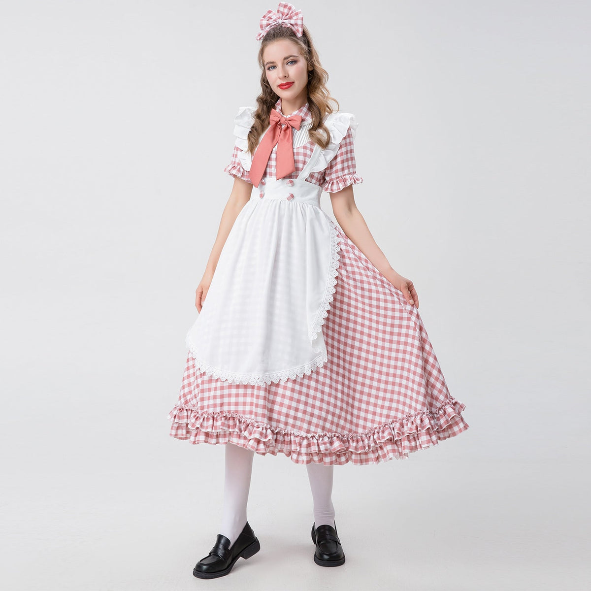 Damen nan Vintage-inspiriertes Karo-Swingkleid mit abnehmbarer Schürze, Rüschenärmeln und Schleifenkragen R&B