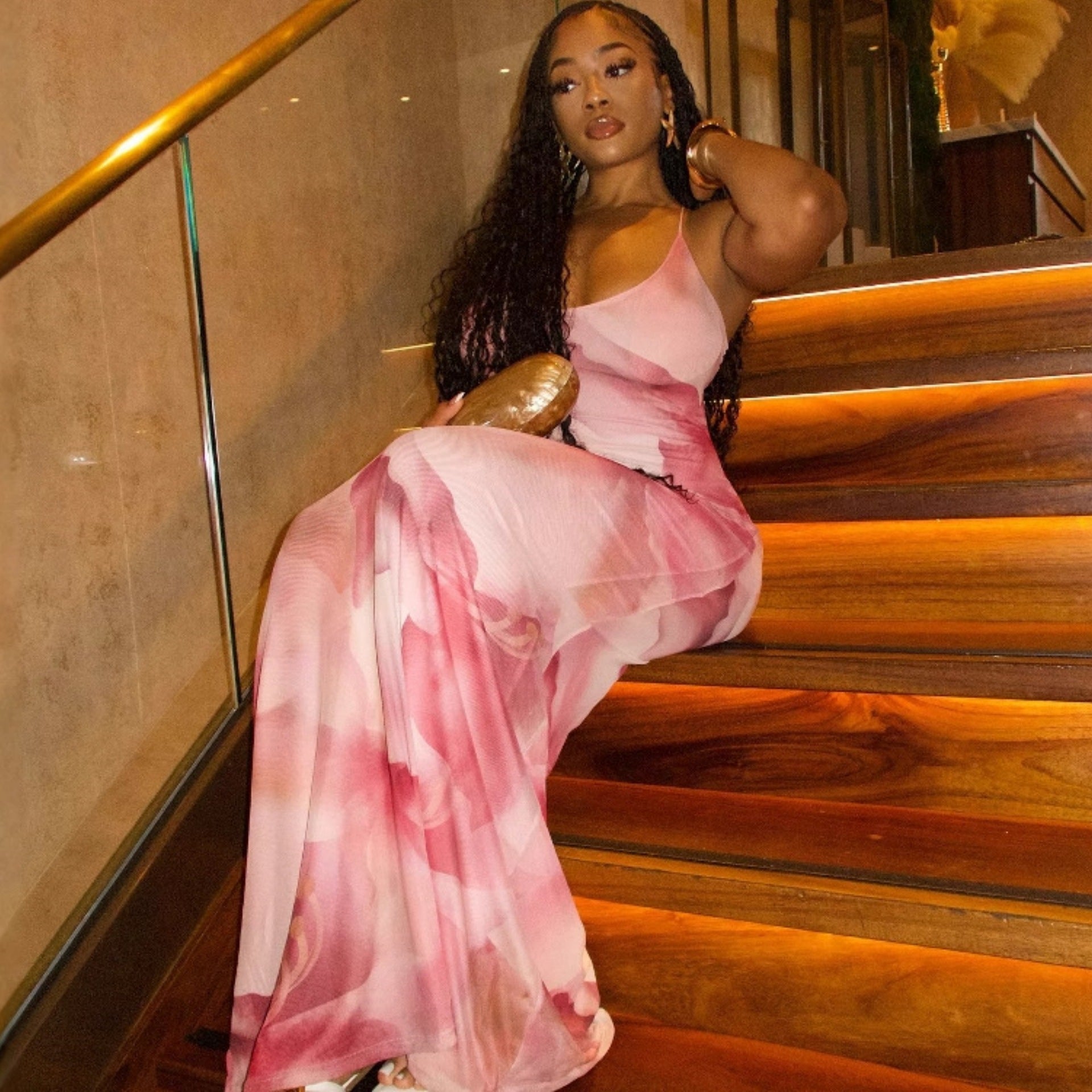 Damen langes Kleid mit floralem Design und Spaghettiträgern R&B
