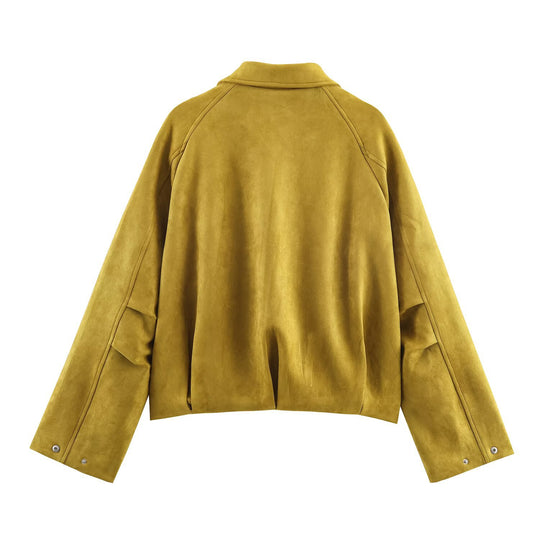 Damen modische Wildlederjacke mit hohem Kragen und praktischen Taschen R&B