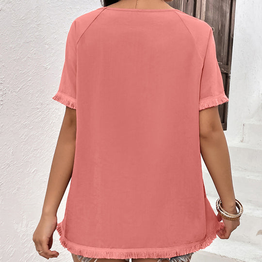 Damen lässiges T-Shirt mit fransigen Ärmeln und Rundhalsausschnitt R&B