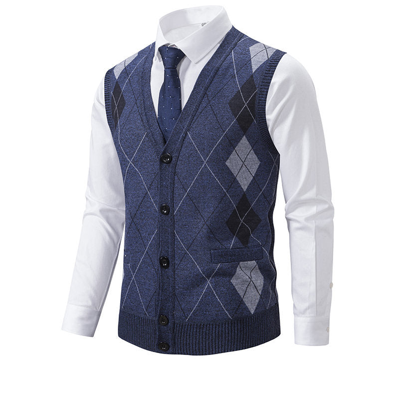 Herren elegante Strickweste mit modernem Rautenmuster und praktischen Taschen