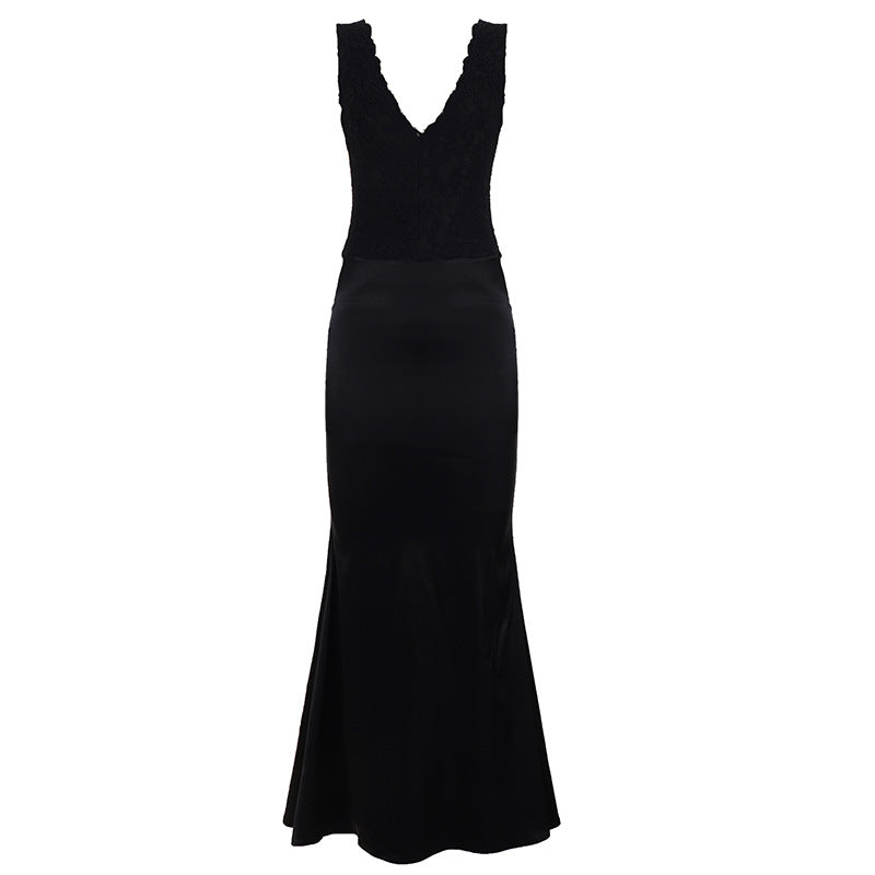 Damen Elegantes Maxikleid mit tiefem V-Ausschnitt und romantischem Spitzenoberteil R&B