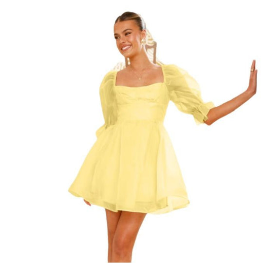 Damen Minikleid mit voluminösen Puffärmeln und herzförmigem Ausschnitt R&B