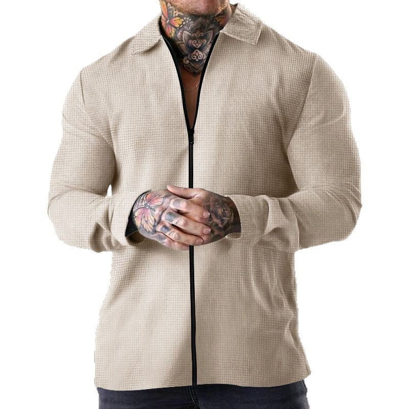 Herren nan strukturierte Zip-Hemdjacke aus Waffelstrick mit Kentkragen und schmaler Silhouette R&B