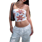 Damen Strapless Crop-Top mit buntem Blumenmuster R&B