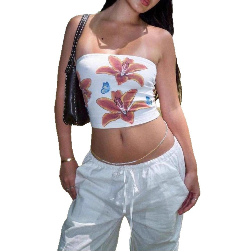 Damen Strapless Crop-Top mit buntem Blumenmuster R&B