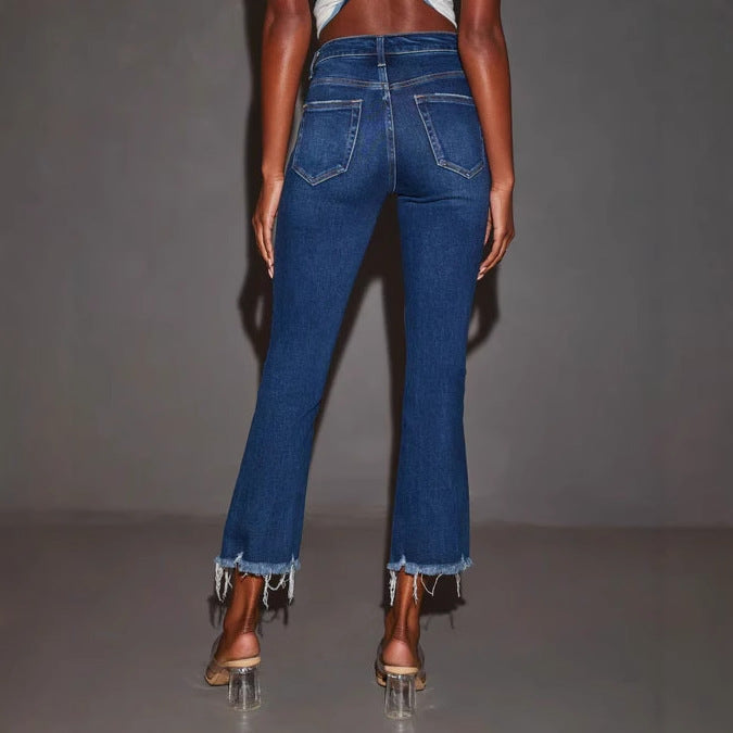 Damen Flared Jeans mit modischen Destroyed-Details und ausgefransten Säumen R&B
