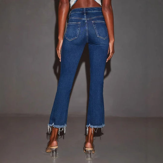 Damen Flared Jeans mit modischen Destroyed-Details und ausgefransten Säumen R&B