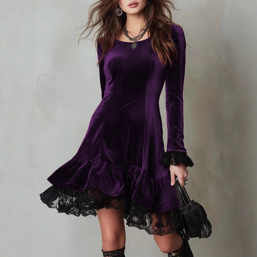 Damen Samt Minikleid mit Spitzenvolant und langen Ärmeln R&B
