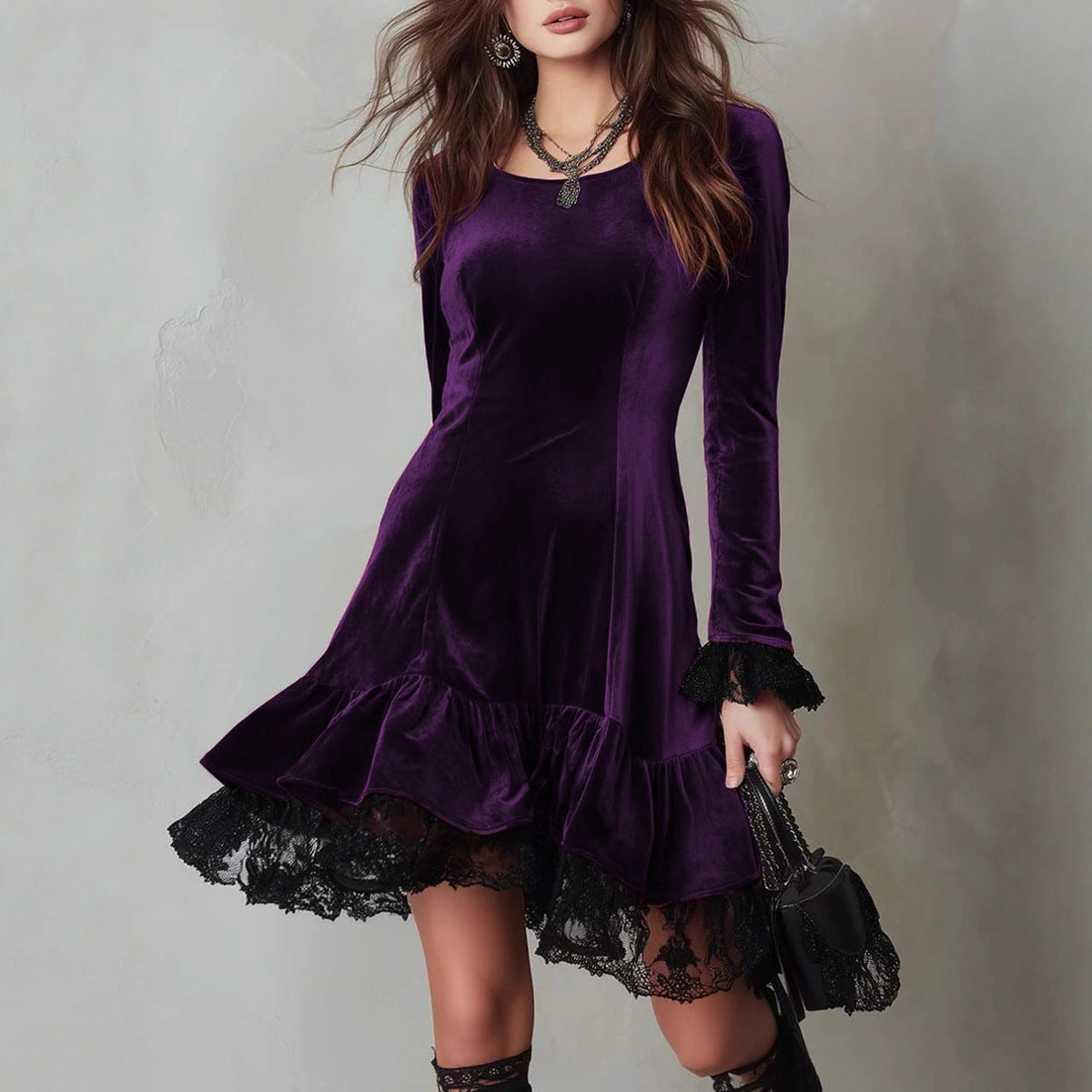 Damen Samt Minikleid mit Spitzenvolant und langen Ärmeln R&B