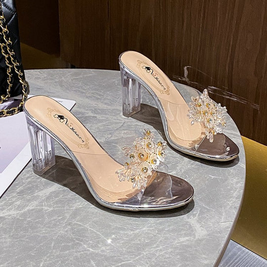 Damen elegante und durchsichtige Mules mit floralem Schmuckdetail R&B