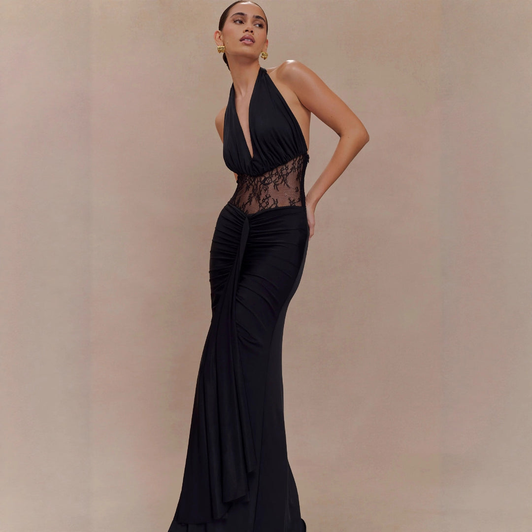 Damen Elegantes Maxikleid mit raffiniertem Spitzenbesatz und Drapierungen R&B