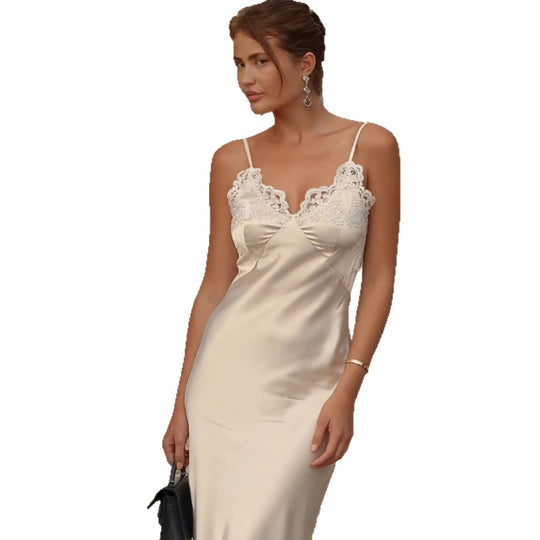 Damen elegantes Satin Maxikleid mit Spitzenbesatz und schmalem Trägerdesign R&B