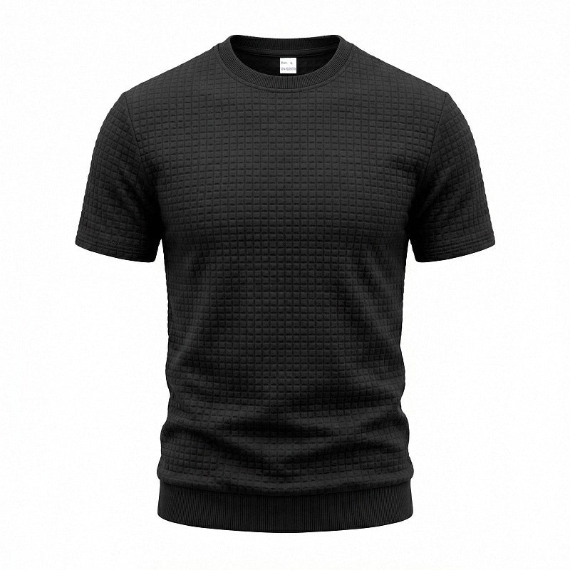 Herren nan kurzärmeliges Strickshirt mit geprägter Karostruktur, Rundhalsausschnitt und geripptem Saum R&B