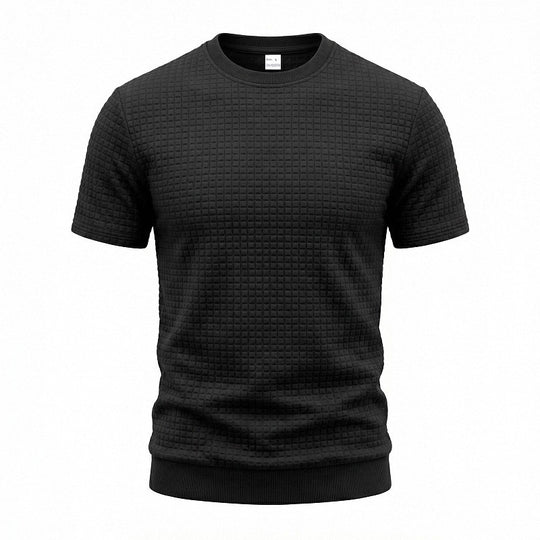 Herren nan kurzärmeliges Strickshirt mit geprägter Karostruktur, Rundhalsausschnitt und geripptem Saum R&B