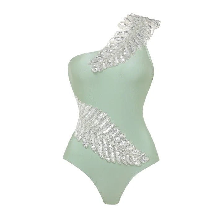 Damen luxuriöser Einteiler Badeanzug mit exquisiten Glitzerapplikationen R&B
