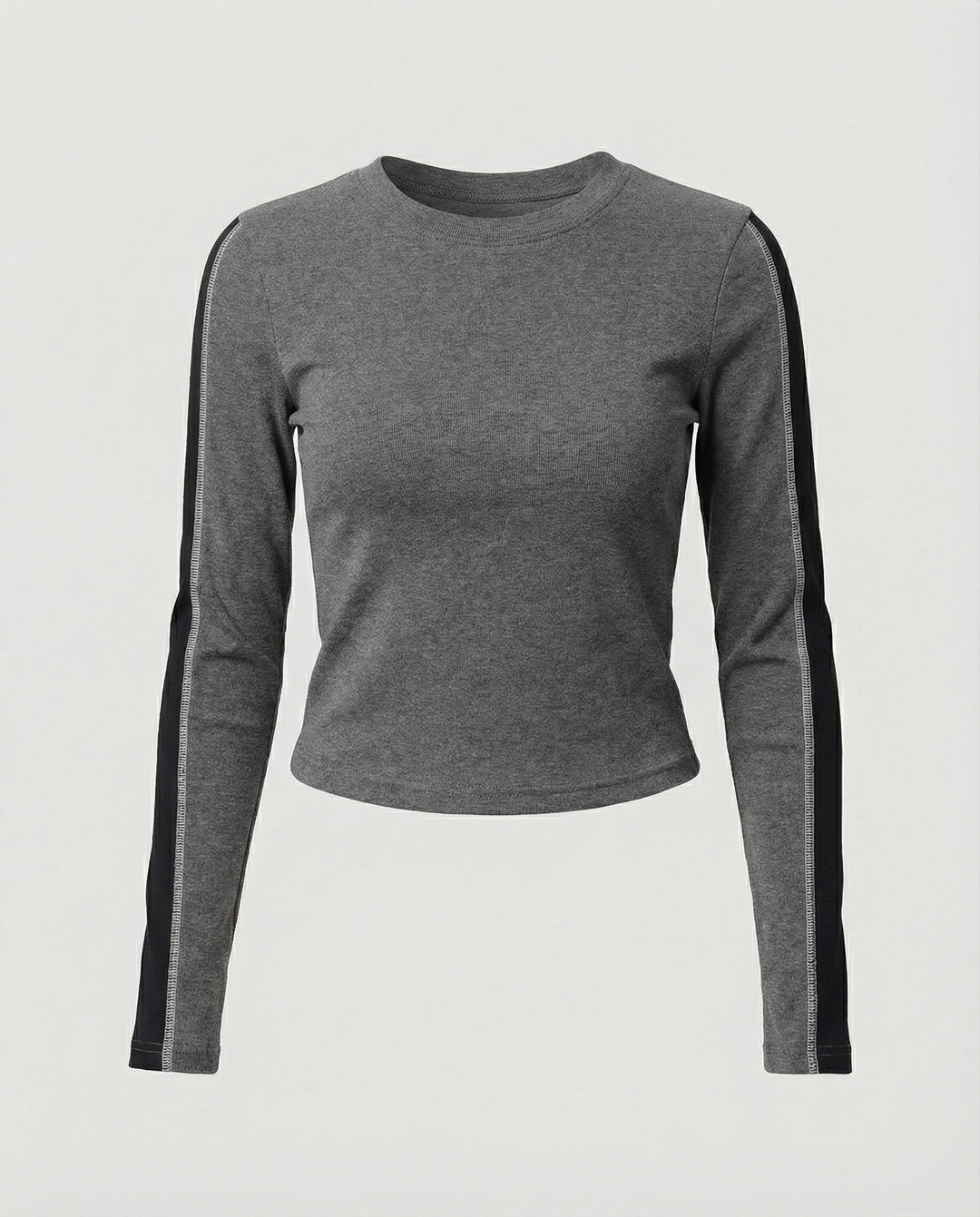 Damen Langarmshirt Slim-Fit Rundhals Patchwork Design Graues Oberteil
