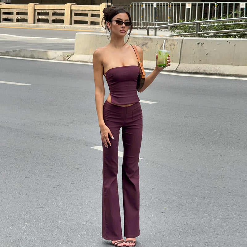 Damen elegantes Set aus trägerlosem Oberteil und flared Hose R&B