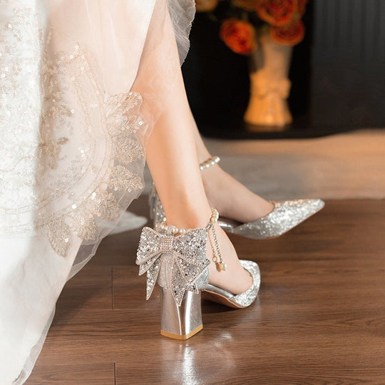 Damen elegante Glitzer-Pumps mit verzierten Fesselriemen R&B
