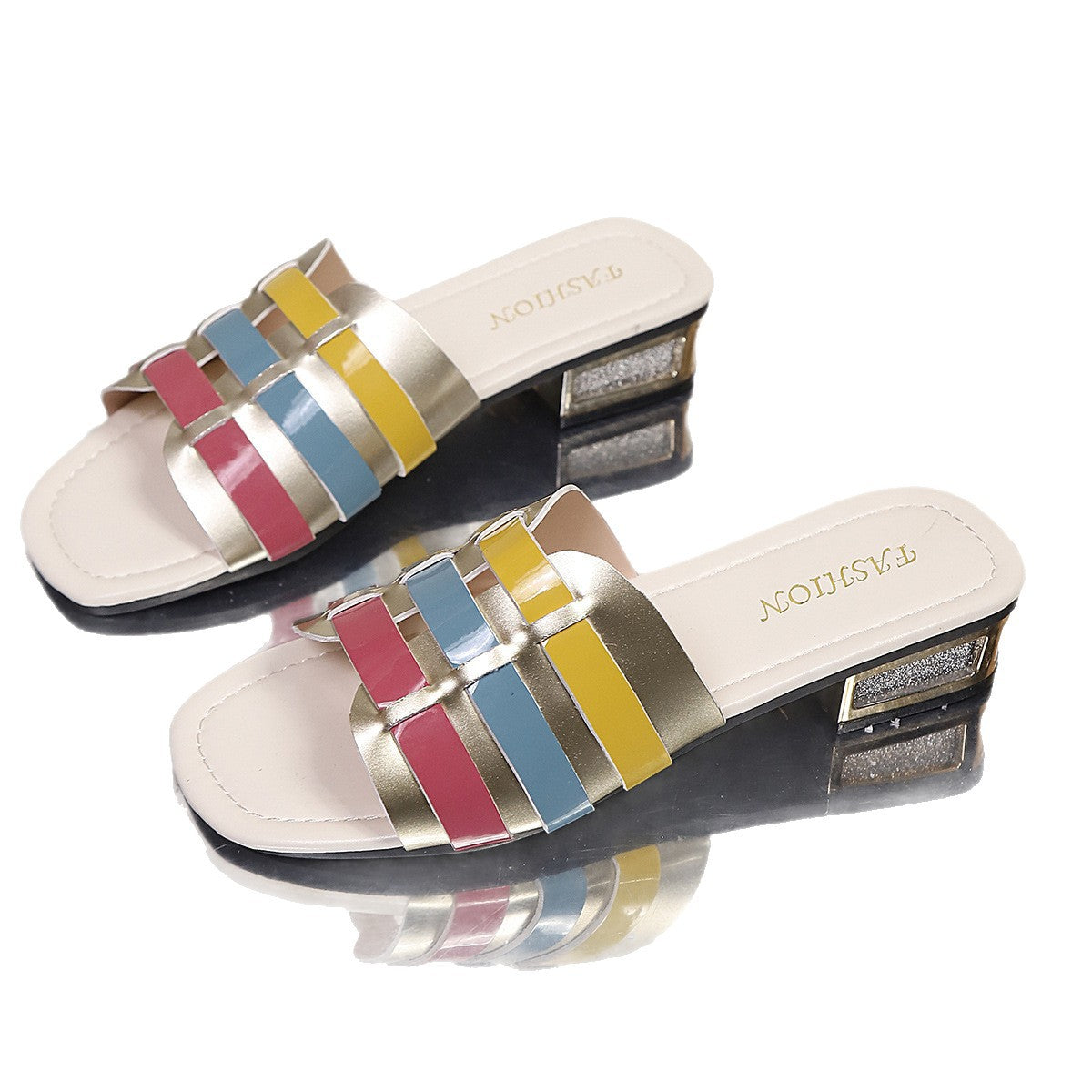 Damen Slide-Pantoletten mit modischem Riemendesign und glänzenden Details R&B