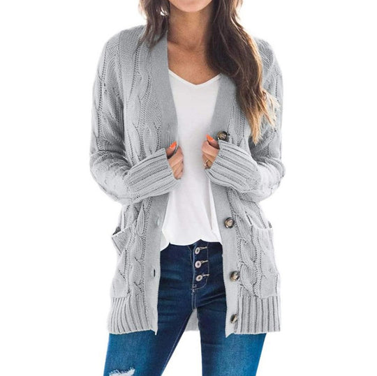 Damen Strickjacke mit Kabelmustern und großen Knöpfen R&B