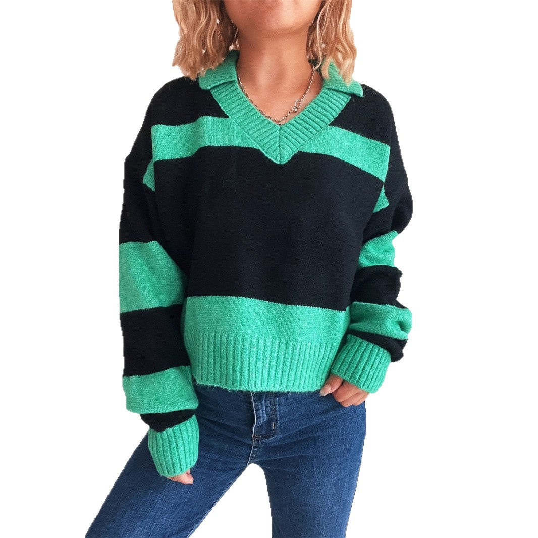 Damen Strickpullover mit modischen Streifen und V-Ausschnitt R&B